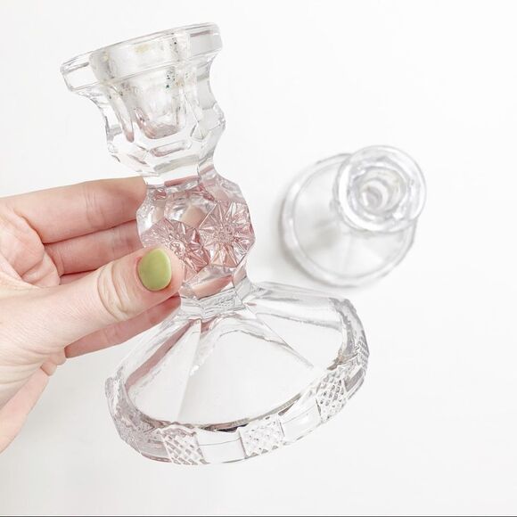 Clear Crystal Glass Tapered Short Pillar Candlestick Holders 5" Set of 2 - Picture 1 of 6